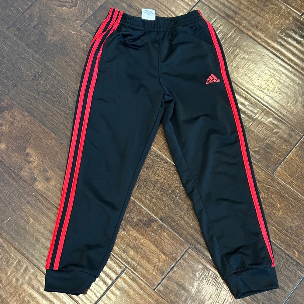 Adidas Kids Black Joggers with Red Stripes